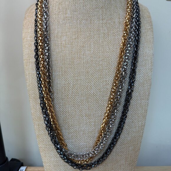 Multi-Tone Layered Chain Necklace Gold Silver & Black Metal Bold Statement - Picture 1 of 9
